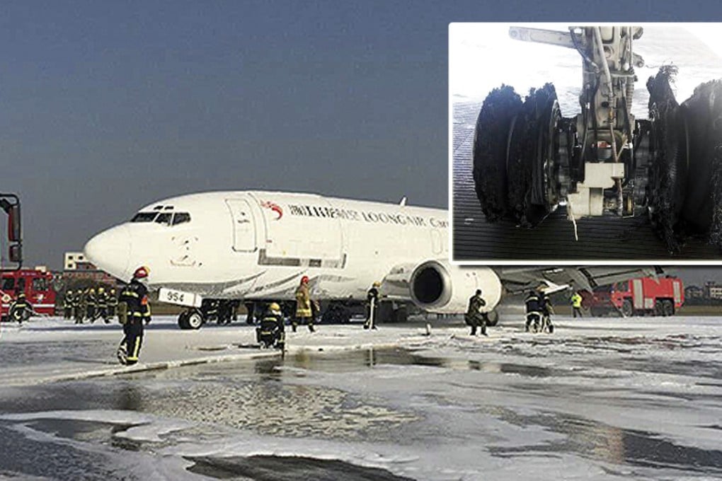 A close-up picture of the burst tyres on one of the landing gear wheels of the Loong Air cargo plane after making an emergency landing at Xiaoshan International Airport, in Hangzhou on Thursday. Photo: SCMP Pictures