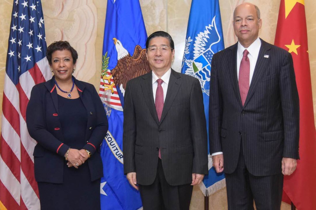 Guo Shengkun, China's State Councillor and Minister of Public Security (centre) with US Attorney General Loretta Lynch (left) and Secretary of Homeland Security Jeh Johnson on Monday before the China-US ministerial talks on fighting cybercrime. Photo: Xinhua