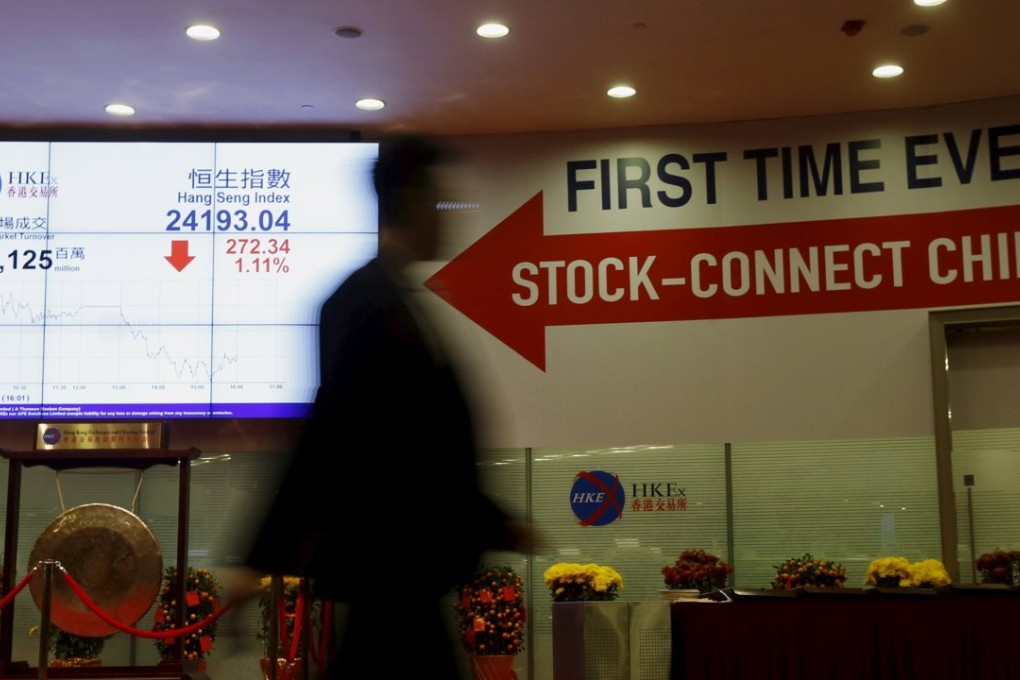 A man walks past a panel displaying Hong Kong’s Hang Seng Index and the stock connect with Shanghai. Photo: Reuters