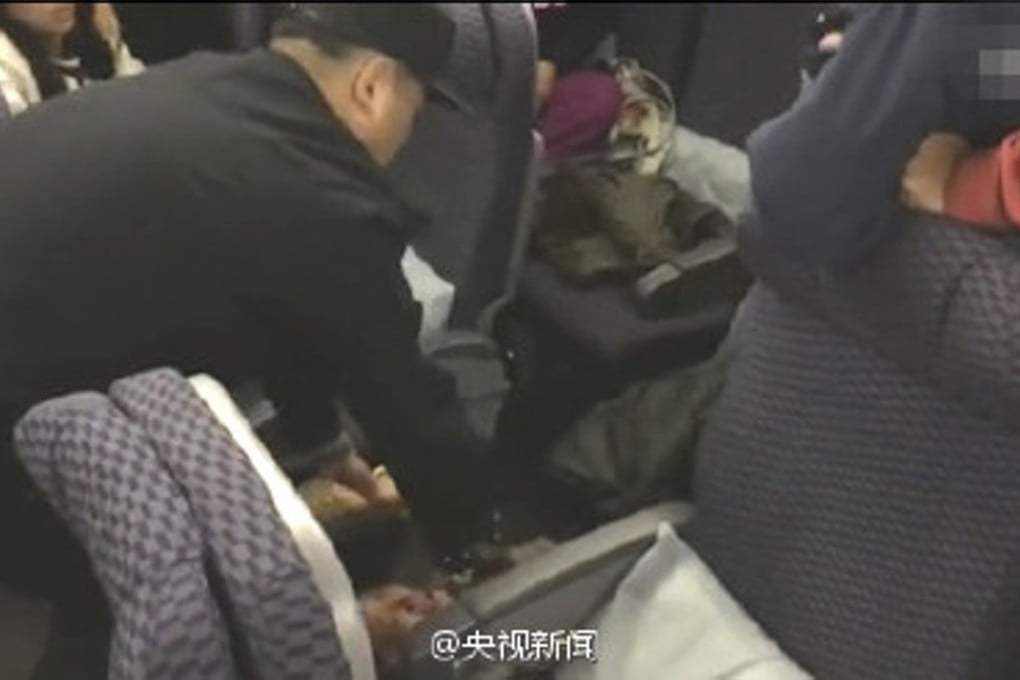 Shanghai airport police try to escort Lu Yong off a United Airlines flight on Sunday. Photo: SCMP Pictures