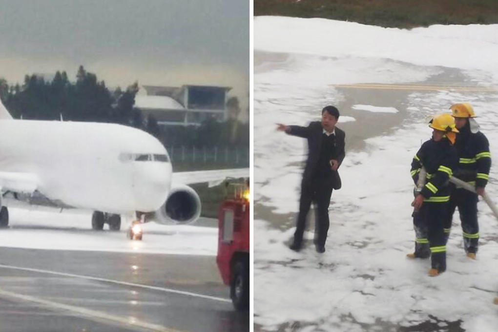Firemen at Fuzhou Changle Airport sprayed foam over a Fuzhou Airlines aircraft (left) after a fire alert on Thursday before being told that it was the wrong aircraft. Photos: weibo
