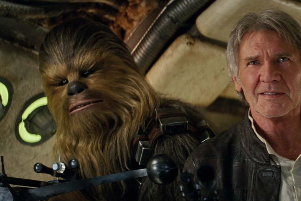Chewbacca (Peter Mayhew) and Han Solo (Harrison Ford) in a scene from Star Wars: The Force Awakens