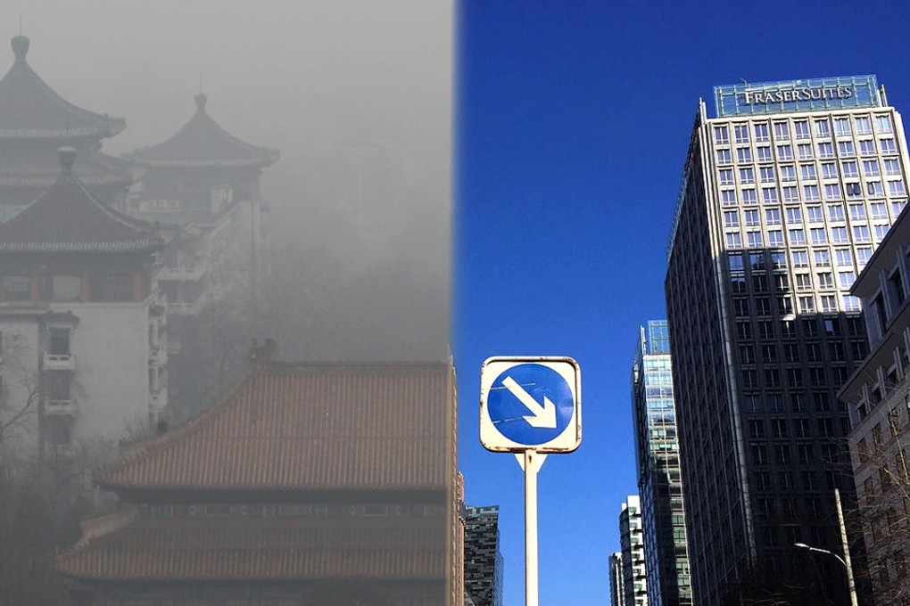 Thick smog shrouded Beijing earlier this week (left) but on Thursday morning blue skies returned above the capital. Photos: Simon Song