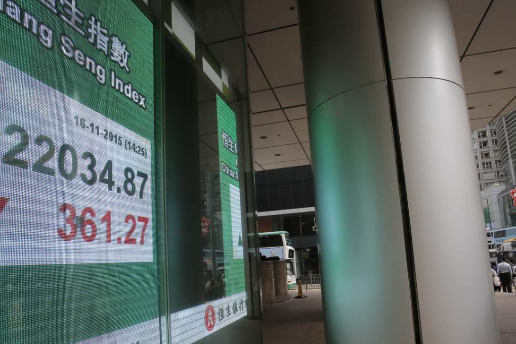 A man walks past a bank electronic board showing the Hong Kong share index in Hong Kong as financial markets braced for the US Fed’s decision on possibly raising interest rates for the first time in nearly a decade this week. Photo: AP