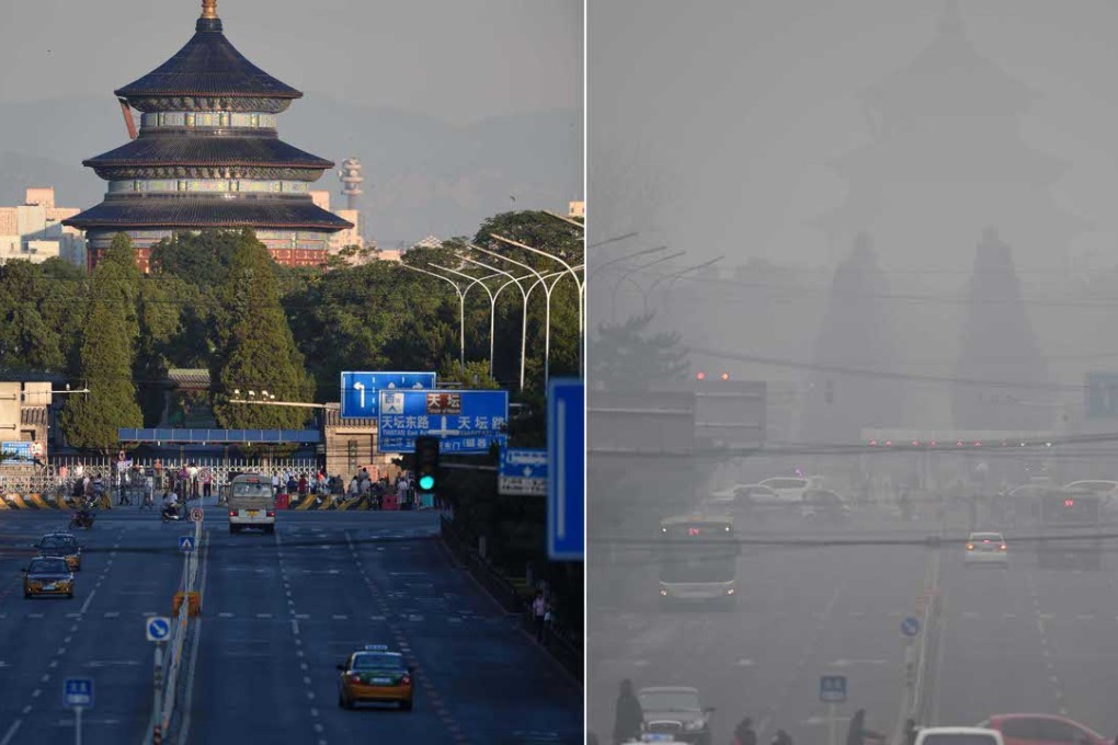 First you see it, now you don’t: two photographs of Beijing’s the Hall of Prayer for Good Harvests of the Temple of Heaven in June (left) and last Tuesday. Photos: Xinhua