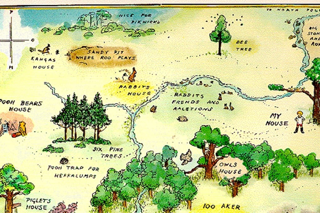 A map of the Hundred Acre Wood, a fictional land inhabited by Winnie-the-Pooh and friends, based on the Five Hundred Acre Wood in Ashdown Forest, England.