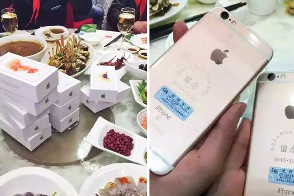 Old primary classmates gathering for a reunion in Ningbo were surprised to receive personalised phones from a well-off friend. Photo: Outh.cn
