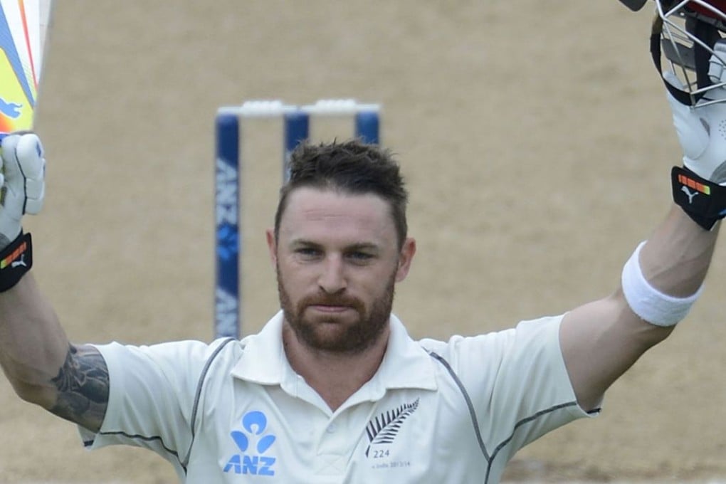 Brendon McCullum celebrates scoring 300 runs against India in Wellington last year. Photo: AFP