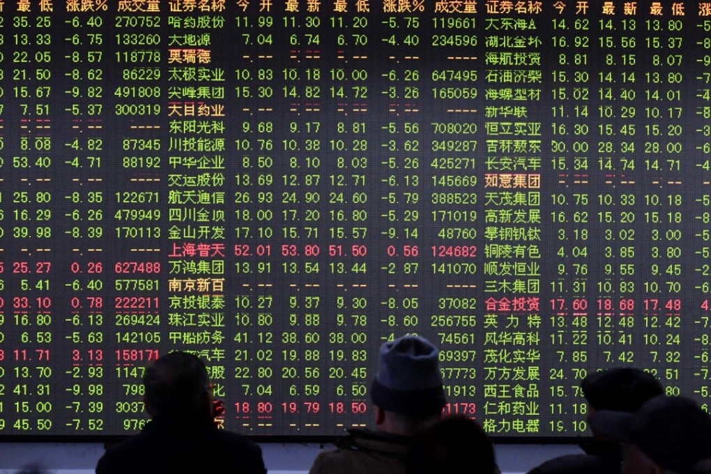 Chinese investors are silhouetted by an electronic information display as they monitor stock prices at a brokerage house in Hangzhou in eastern China's Zhejiang province. Photo: AP