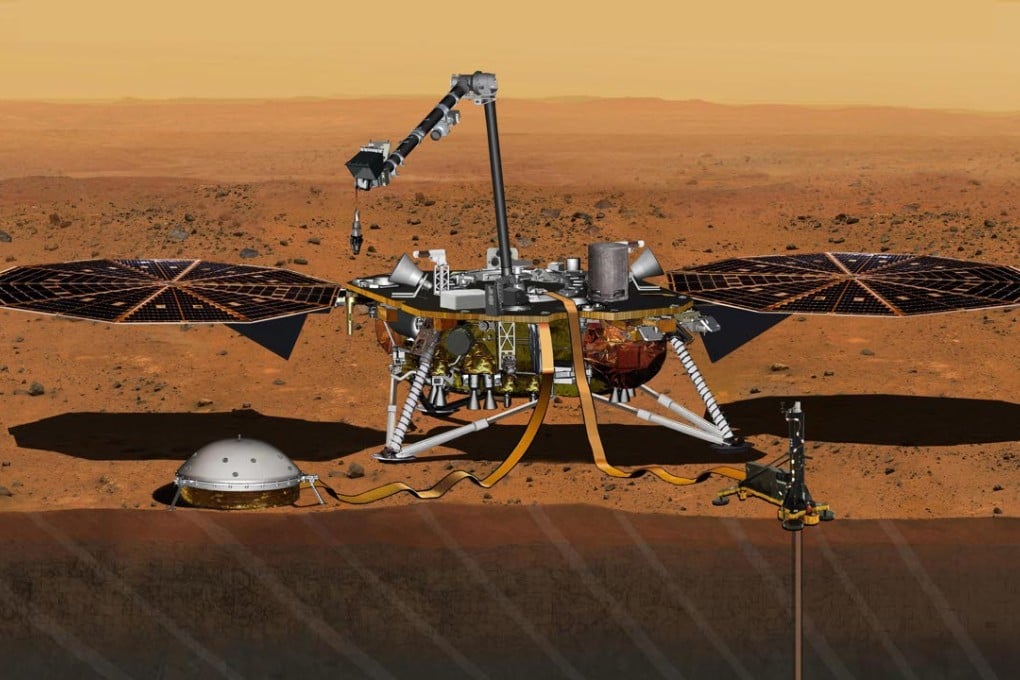 An artist's rendering depicts the InSight Mars lander. The planned launch of a rocket carrying the lander has been scratched because of a problem with one of the lander’s main instruments. Photo: AP