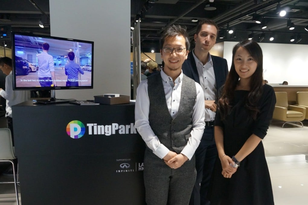 TingPark co-founder Jason Zeall poses with colleagues as they launch an app to help car owners find empty parking spaces in Hong Kong’s crowded streets and car parks. Photo: Staff
