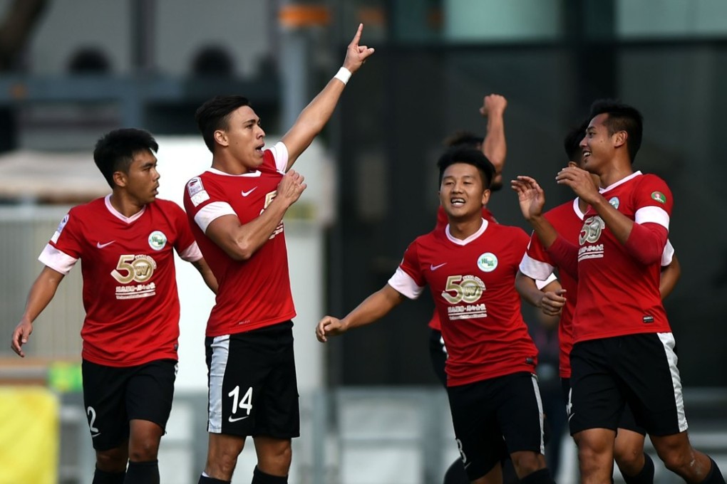 Southern players celebrate taking the lead during the 2-1 Senior Shield semi-final win over Kitchee. Photos: Xinhua