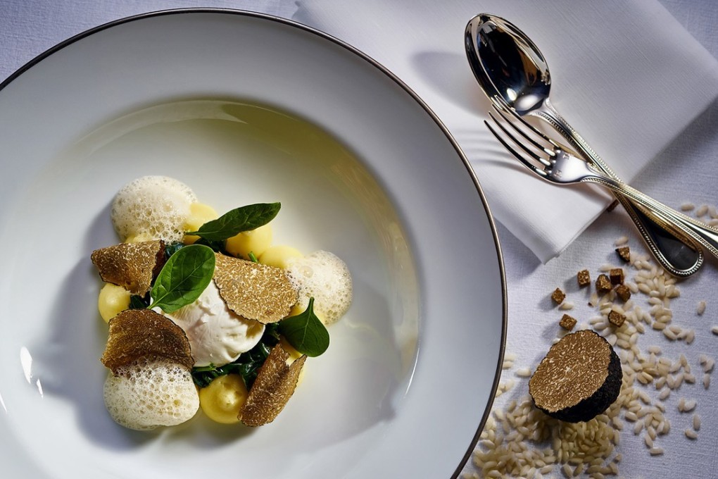 Hugo's French organic egg with Perigord truffle, mashed potatoes and forest mushroom foam.