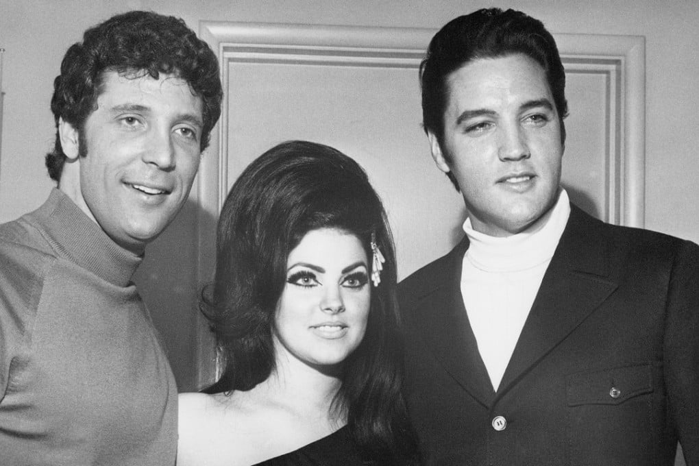 Tom Jones is joined backstage by Elvis Presley and his wife Priscilla at The Flamingo in Las Vegas in 1968. Photo: Corbis