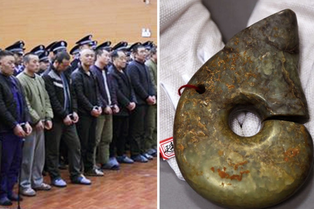The thieves pictured during their court appearance and one of the ancient artefacts plundered. Photo; SCMP Pictures