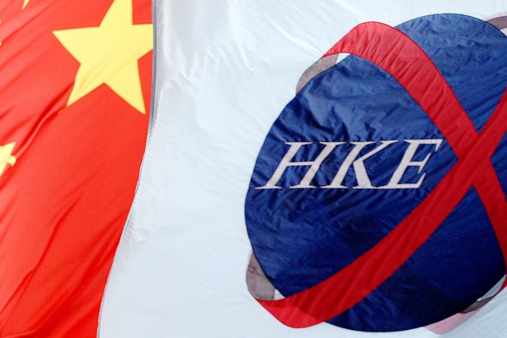The flag of the Hong Kong Exchanges and Clearing (HKEx) flutters in front of a Chinese one (L) outside the exchange in Hong Kong as upcoming changes in the rules in China’s exchanges is expected to bolster their share of initial public offerings in 2016. Photo: AFP