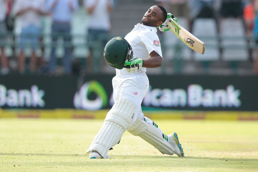 South Africa’s Temba Bavuma celebrates after scoring his maiden century on day four of the second test against England in Cape Town. Photo: AFP