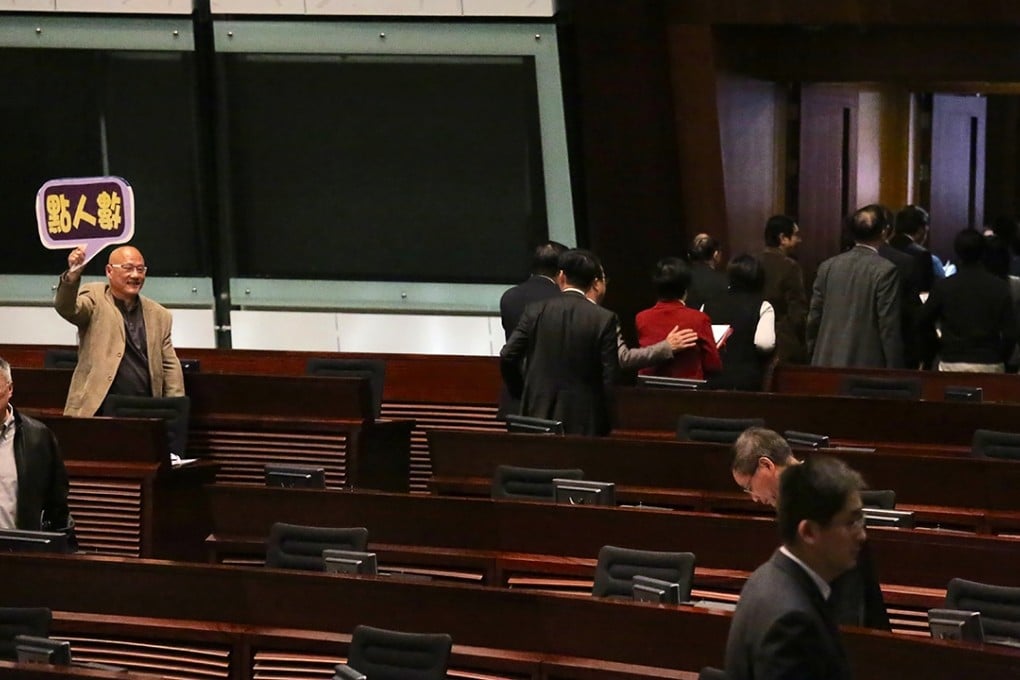 Lawmakers exiting the Legislative Council after another filibuster bid by pan-democrats. Photo: Nora Tam