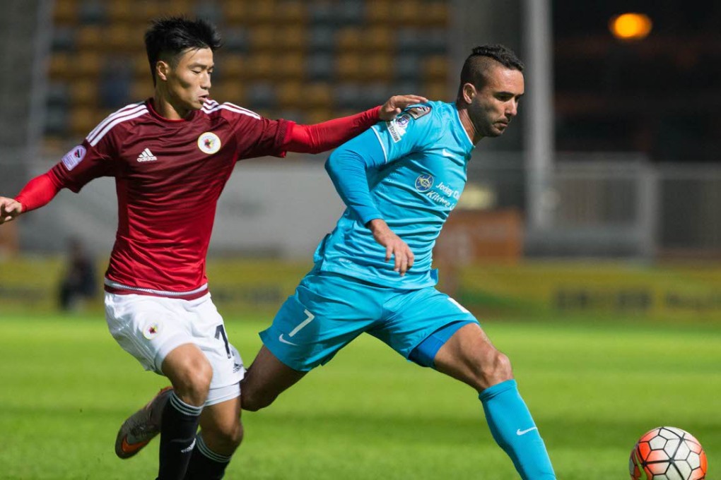 Kitchee’s Fernando Pedreira tries to elude his marker during his team’s 2-0 victory in the Hong Kong Premier League. Photo: HKFA
