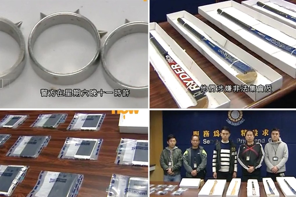 Baseball bats, hockey sticks and knuckledusters were confiscated from a delivery van parked near the estate. Photo: Now TV