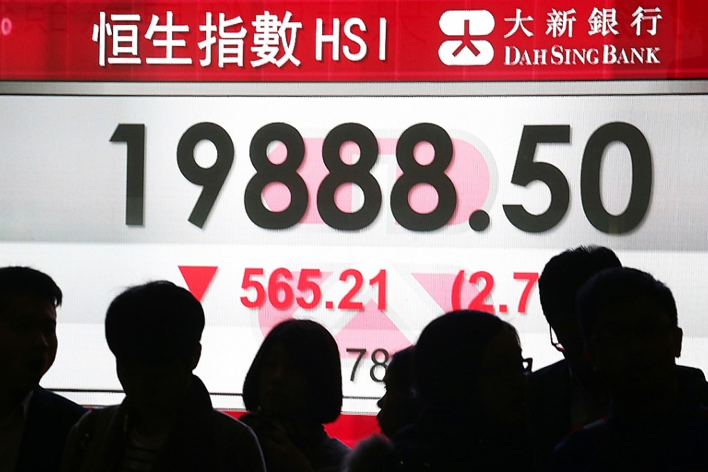 A chart on an electronic stock board shows the Hang Seng index in Central. The benchmark Hang Seng index goes down 2.7 per cent to close at 19,888.5. Photo: Felix Wong