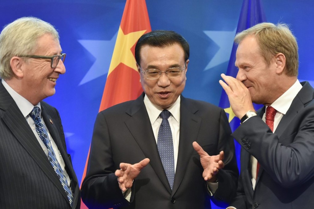 (Left-Right) European Commission President Jean Claude Juncker, China's Premier Li Keqiang and European Council President Donald Tusk during a signing ceremony after the 17th bilateral EU-China summit last June. Photo: EPA
