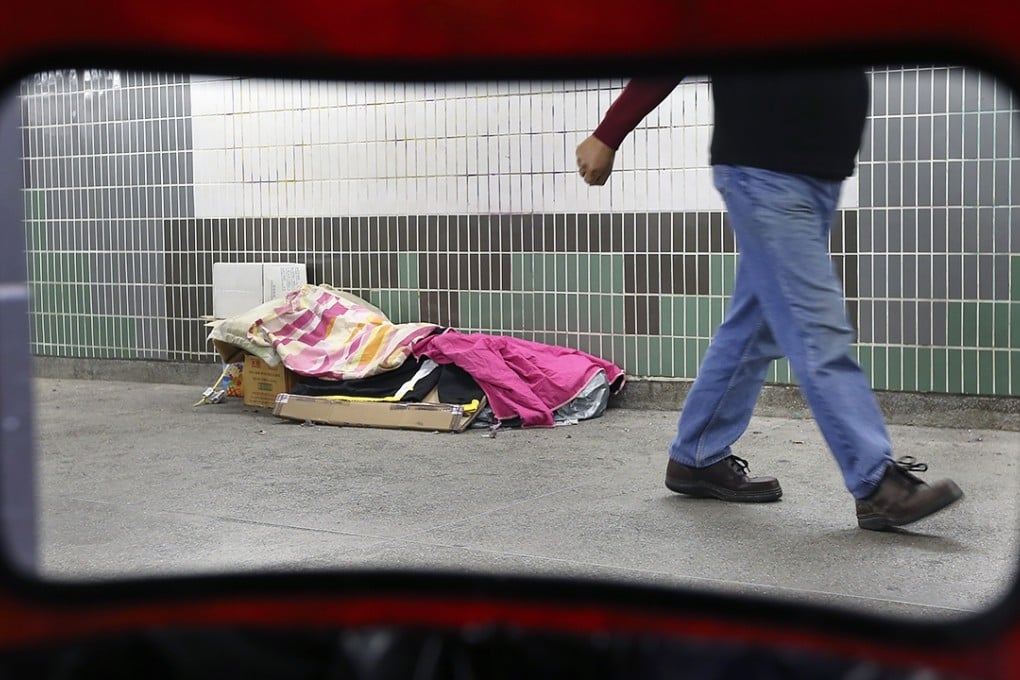 A homeless person’s shanty in a subway in Causeway Bay. Photo: Felix Wong