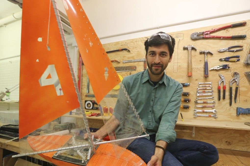 Cesar Harada , founder of MakerBay, with "Protei", a revolutionary shape-shifting sailing robot used to explore and protect the ocean with Open Source Technologies.