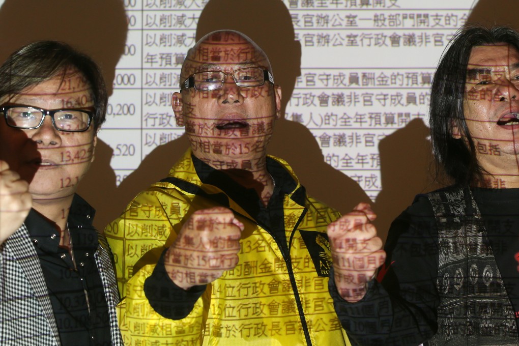 (L-R)Wong Yuk-man, Albert Chan Wai-yip of People Power and "Long Hair" Leung Kwok-hung of League of Social Democrats, meets the media on their plans to filibuster when the Legislative Council begin debating the budget 16APR13
