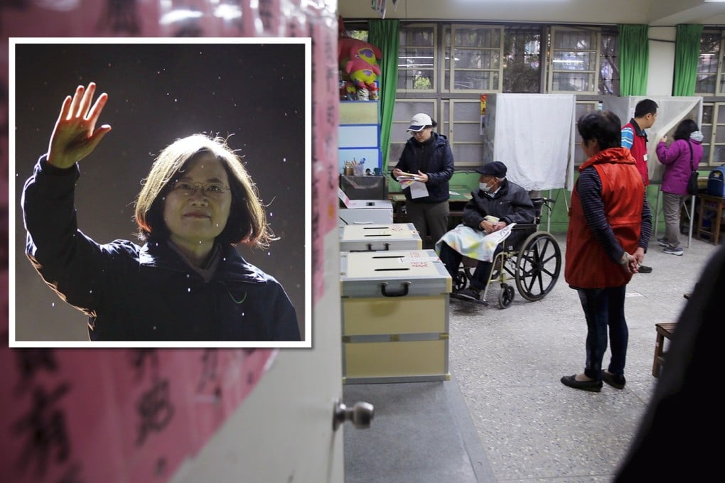 A photo of voters casting their ballots at a polling station during general elections in Taipei, Taiwan today is overlaid with an image of the DPP’s Tsai Ing-wen waving to supporters . Photo: Reuters