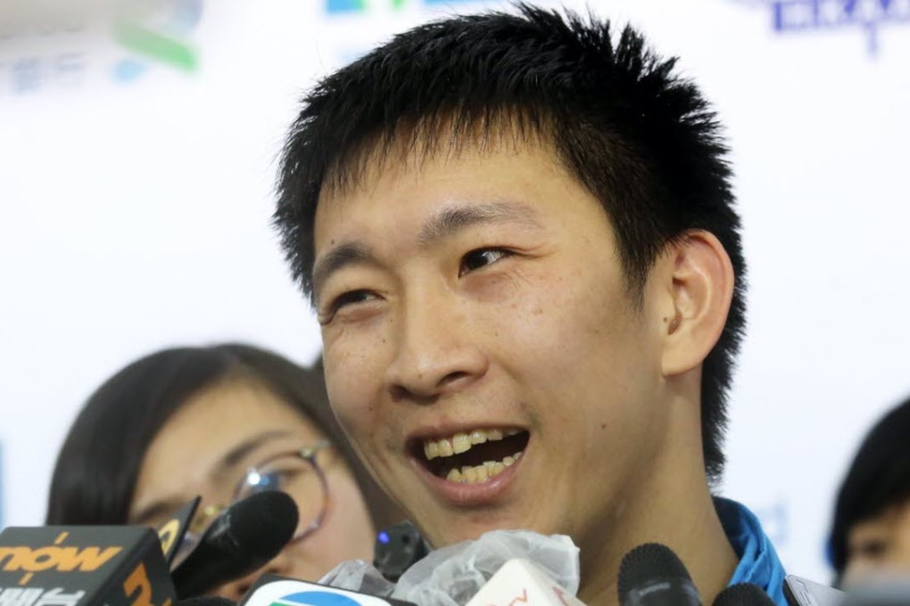 Paralympian So Wa-wai speaks after finishing the 10-kilometre race on Sunday. Photo: Nora Tam