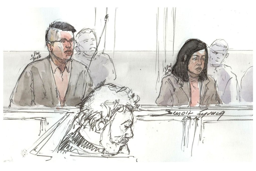 A court sketch created shows Chinese nanny Hui Zhang (right) and her boyfriend Te Lu, both 34, during their trial in Paris on Tuesday. Graphic: AFP