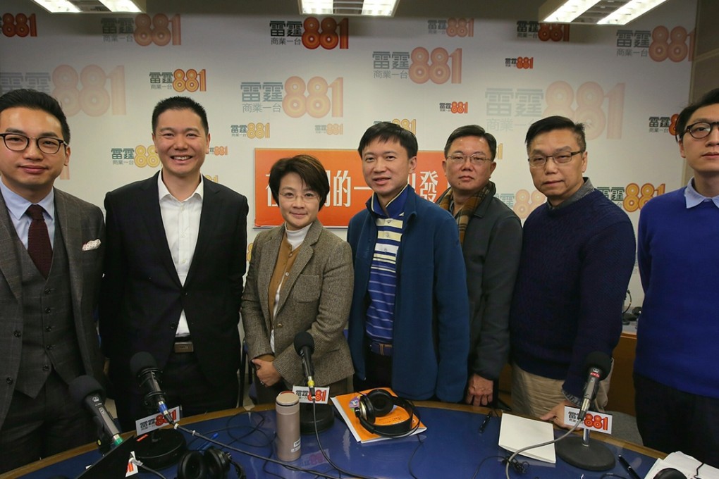 (L to R) Alvin Yeung Ngok-kiu, Holden Chow Ho-ding, Christine Fong Kwok-shan, Albert Leung Sze-ho, Lau Chi-shing, Wong Sing-chi and Edward Leung Tin-kei, Legco by-election candidates attend Commercial Radio progamme in Kowloon. Photo: Edward Wong
