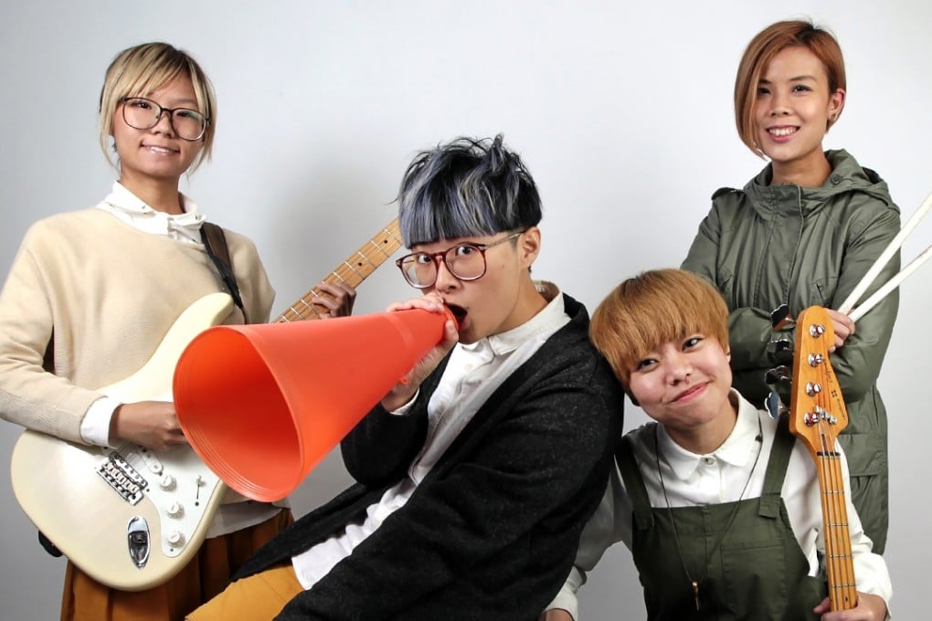 (From left) Soni Cheng, Soft Liu, YY Wong and Heihei Ng, from local indie band GDJYB. Photo: Bruce Yan