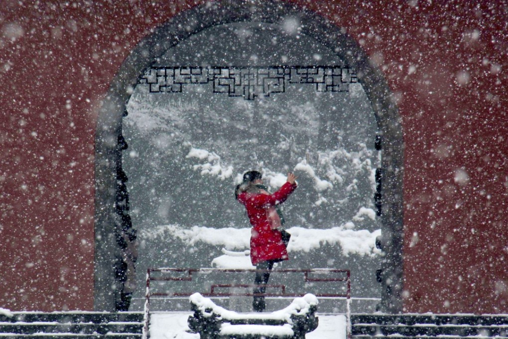 A woman takes a photo in a park during a snowstorm in Linan in eastern China's Zhejiang province on Thursday. Photo: AP