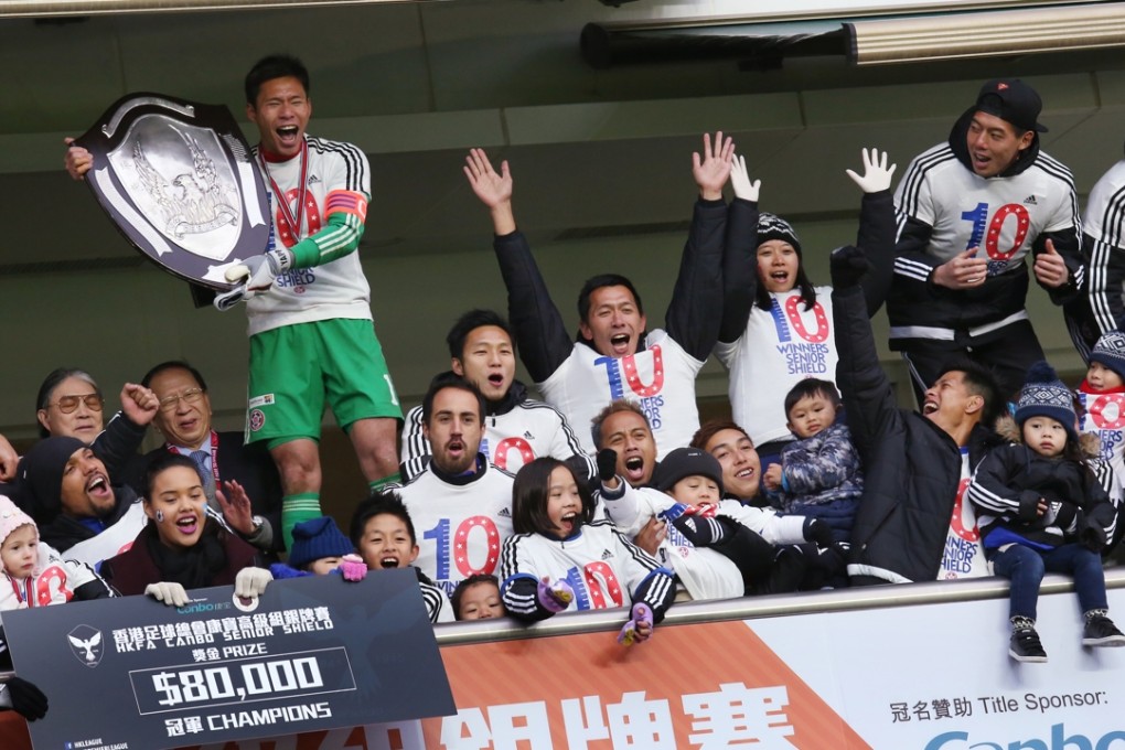 Eastern goalkeeper Yapp Hung-fai and his teammate celebrate after beating Kwoon Chung Southern 2-0 in the Senior Shield final at Hong Kong Stadium. Photos: Nora Tam