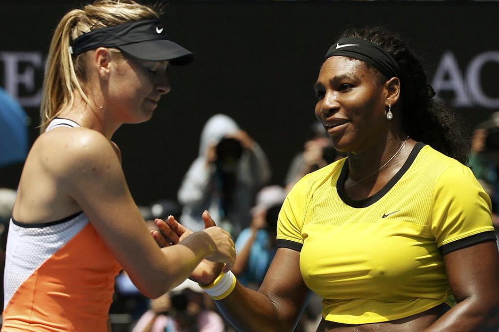 Maria Sharapova can hardly look at Serena Williams after losing to her yet again. Photo: Reuters