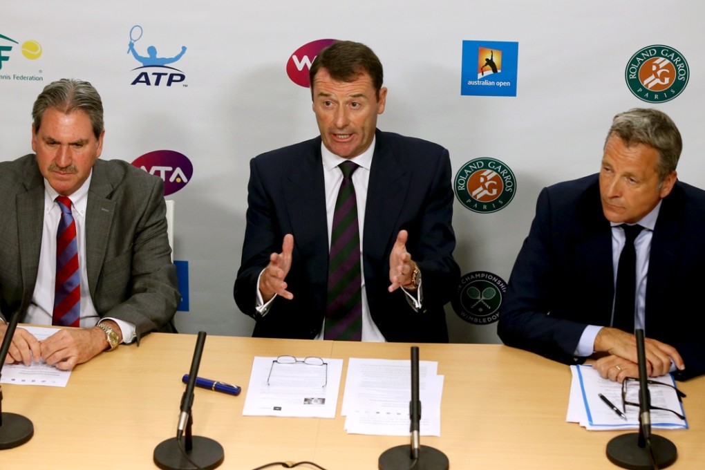 Tennis Integrity Board chairman Philip Brook (centre) addresses the news conference along with ATP chairman Chris Kermode (right) and International Tennis Federation president David Haggerty. Photo: AP