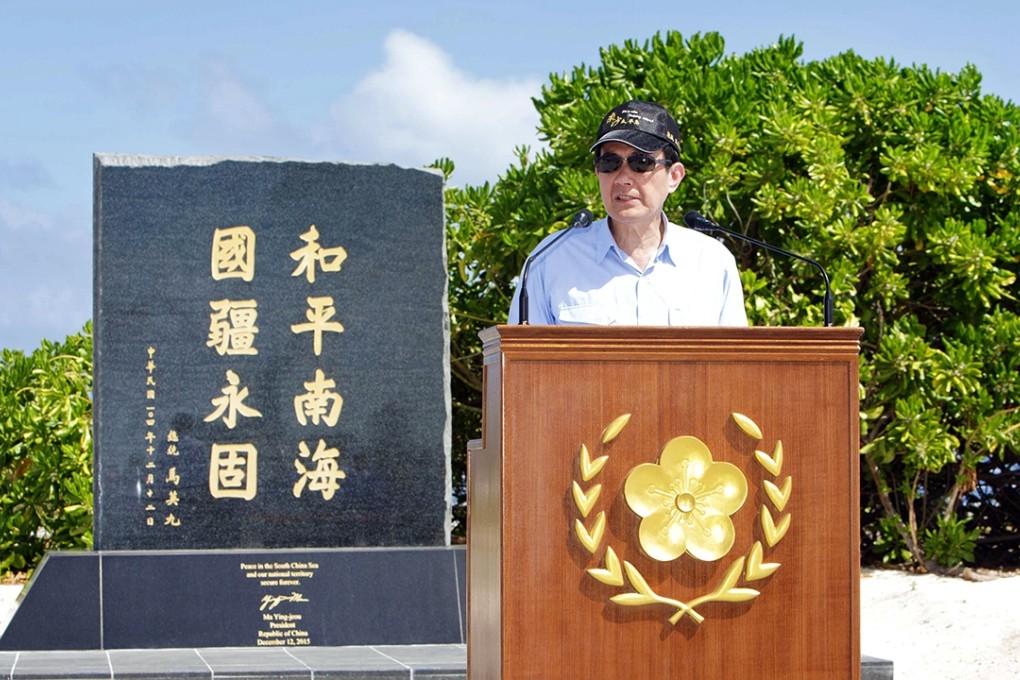 Taiwan’s president Ma Ying-jeou speaks at a national monument on Taiping island. Photo: EPA
