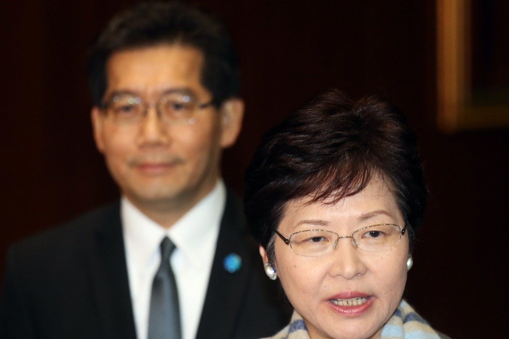 Chief Secretary Carrie Lam Cheng Yuet-ngor (foreground), with commerce minister Greg So Kam-leung, speaking to media about the copyright bill. Photo: David Wong