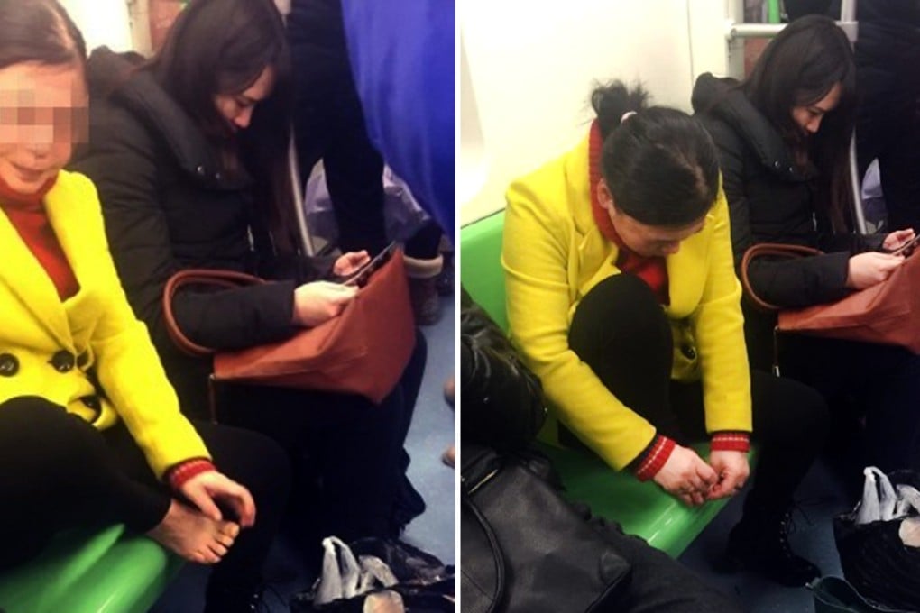 The woman tending to her toenails on the train in Shanghai. Photo: SCMP Pictures