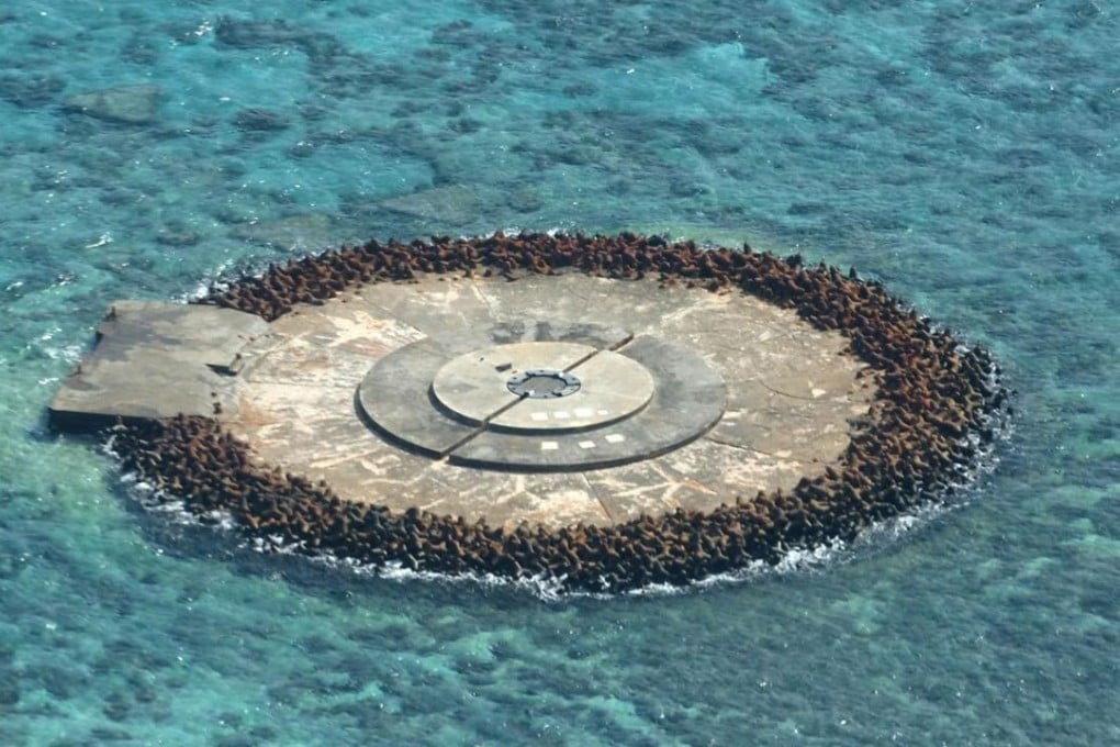Concrete blocks have been used to reinforce a small structure in Okinotorishima reef. Photo: Kyodo