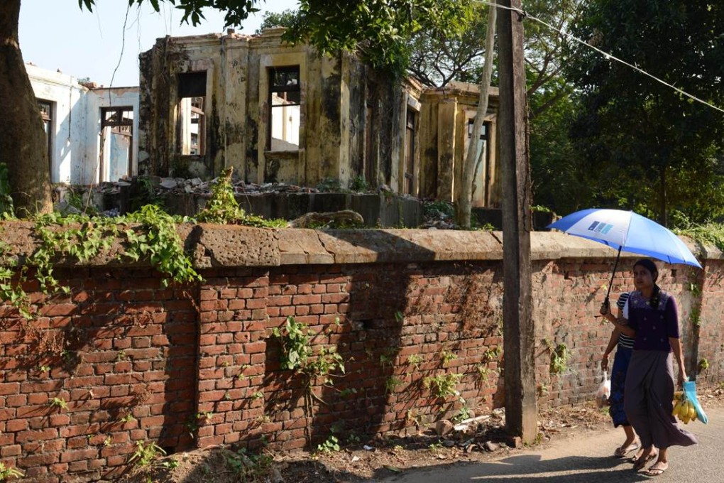 The concrete shell of a colonial-era building remains after a demolition in Yangon. Photo: AFP
