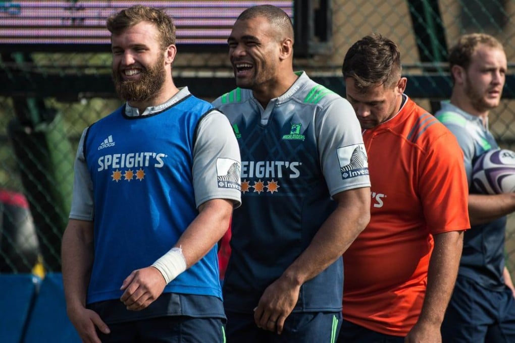 Otago Highlanders players are all smiles, despite a high-intensity workout ahead of their Natixis Cup clash against French side Racing 92 in Hong Kong. Photo: AFP