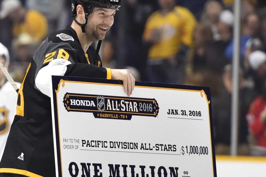 John Scott skates with the winning cheque after the NHL All-Star game between the Eastern Conference and the Western Conference at Bridgestone Arena in Nashville. Photo: USA TODAY Sports