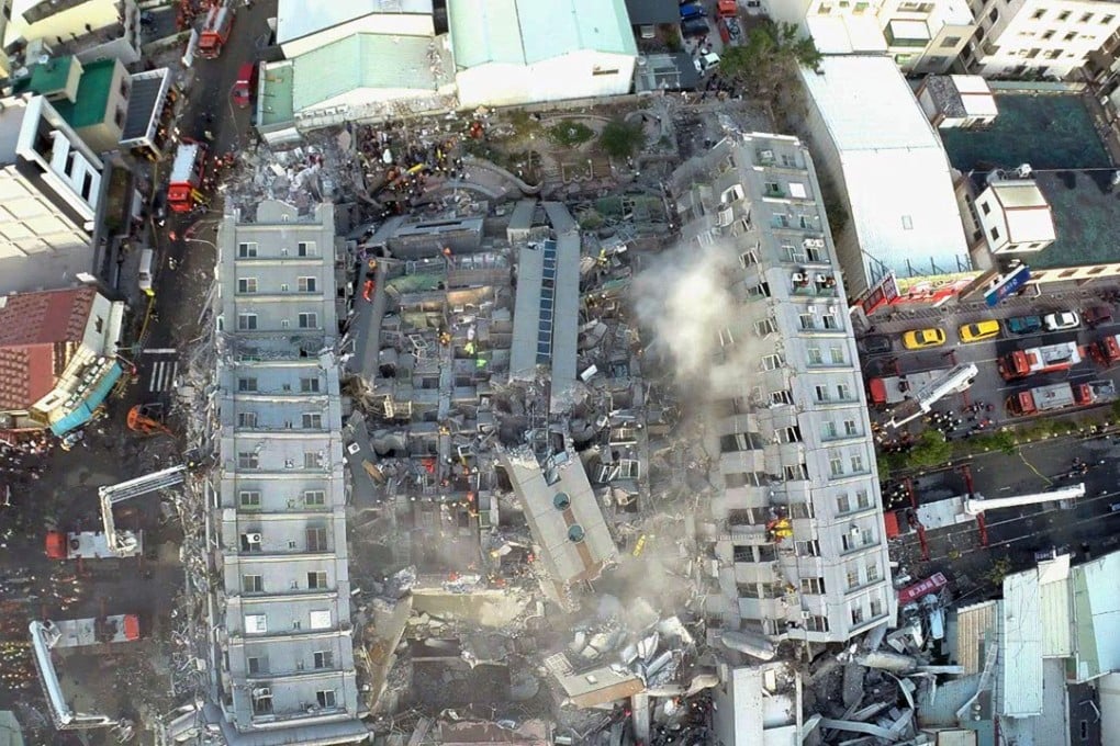 Rescuers work at the site of the collapsed building in Tainan, after a 6.4-magnitude earthquake hit neighbouring Kaohsiung on Saturday. Photo: Xinhua