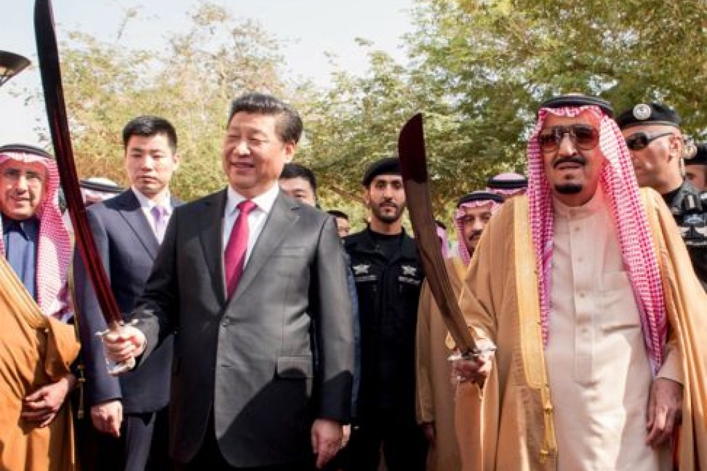 A picture made available by the Saudi Press Agency (SPA) on January 21, 2016 shows Saudi King Salman bin Abdulaziz (R) and Chinese President Xi Jinping perform a traditional dance with swords best known as 'Arda' as part of a welcoming ceremony at the Murabba Palace in Riyadh. / AFP / SPA / Handout / === RESTRICTED TO EDITORIAL USE - MANDATORY CREDIT "AFP PHOTO / SPA / HO" - NO MARKETING NO ADVERTISING CAMPAIGNS - DISTRIBUTED AS A SERVICE TO CLIENTS ===