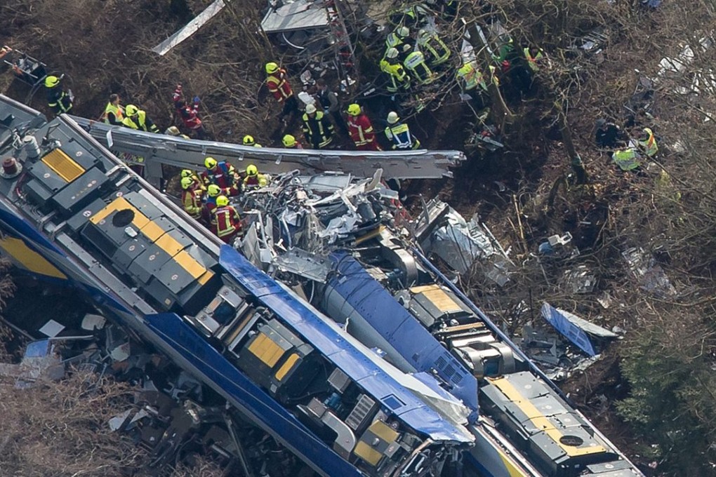 An aerial view of rescuers working at the site of Tuesday’s train accident near Bad Aibling in Germany on Tuesday. Photo: AP