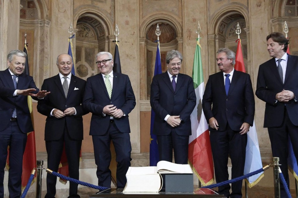 From left, Belgian foreign minister Didier Reynders with his counterparts Lauret Fabius of France, Frank-Walter Steinmeier of German, Paolo Gentiloni of Italy, Jean Asselborn of Luxembourg, and Bert Koenders of the Netherlands meet in Rome on Tuesday. Photo: EPA