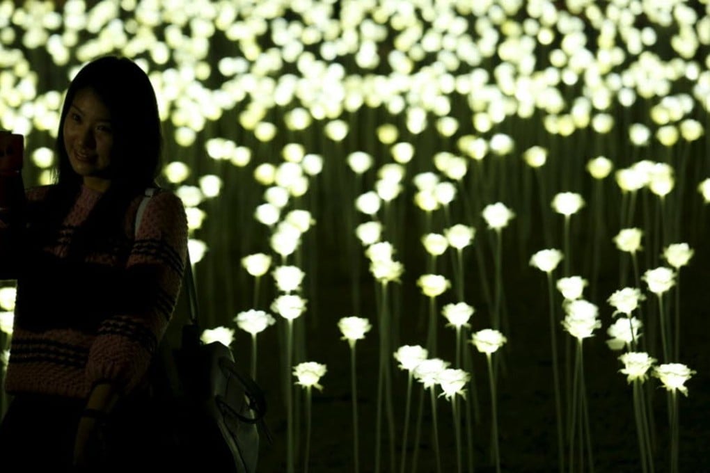 A visitor takes a selfie next to the Light Rose Garden installation. Photo: Reuters